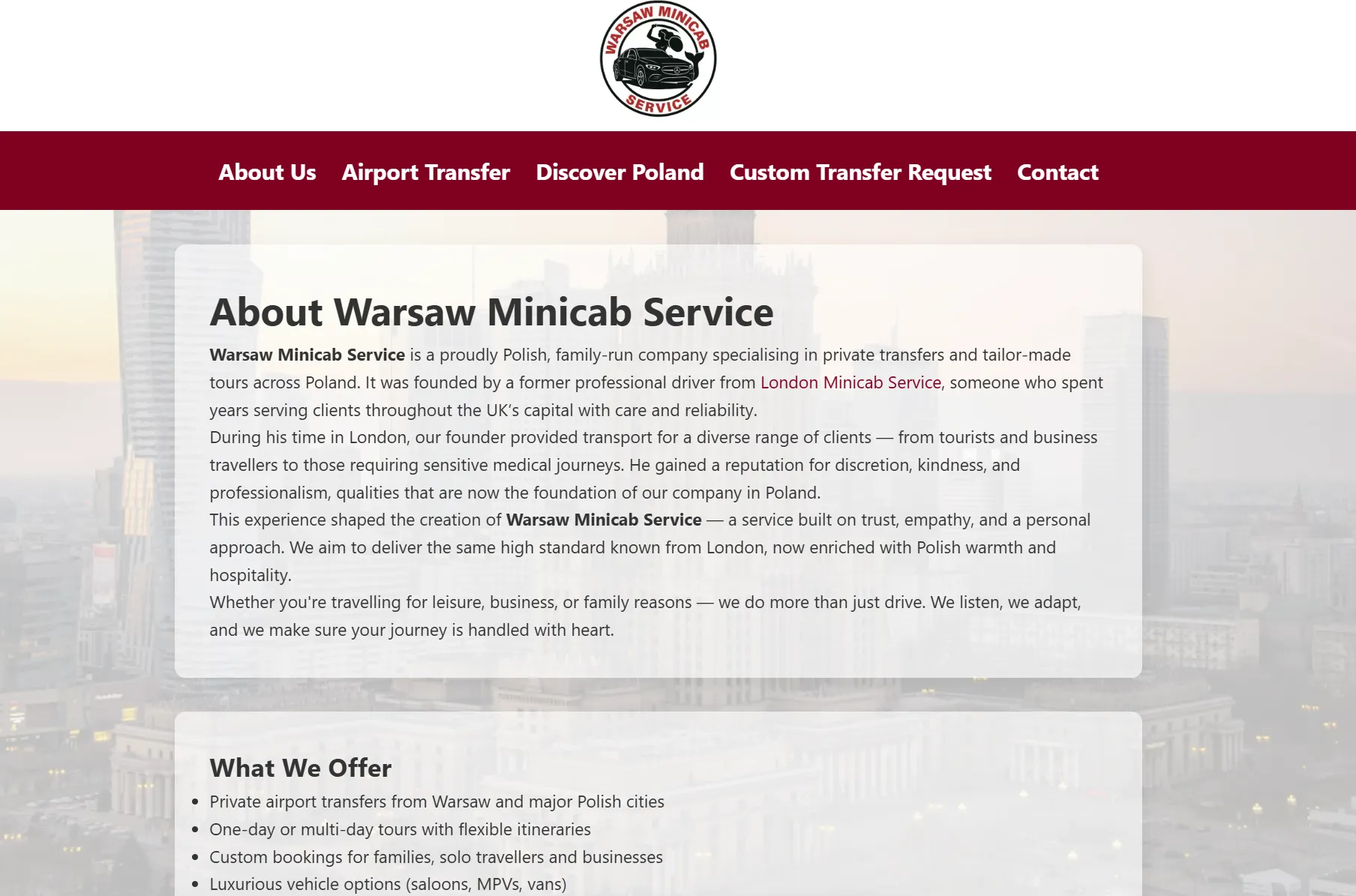 Homepage screenshot of Warsawminicabservice.com website